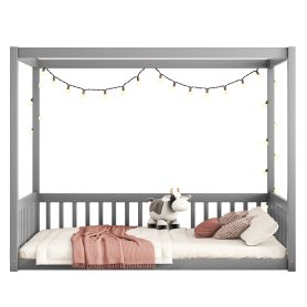Full Size Canopy Frame Floor Bed With Fence, Guardrails