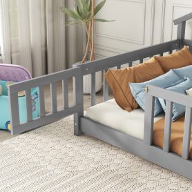 Twin House-Shaped Bedside Floor Bed with Guardrails, Slats, with Door