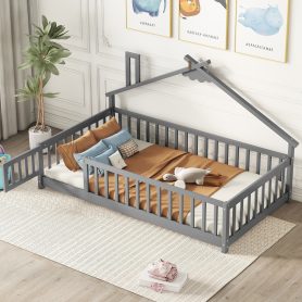 Twin House-Shaped Bedside Floor Bed with Guardrails, Slats, with Door