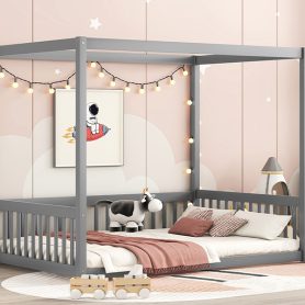 Full Size Canopy Frame Floor Bed With Fence, Guardrails