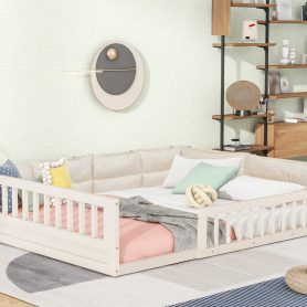 Wood Full Size Upholstered Platform Bed with Guardrail and Pillow