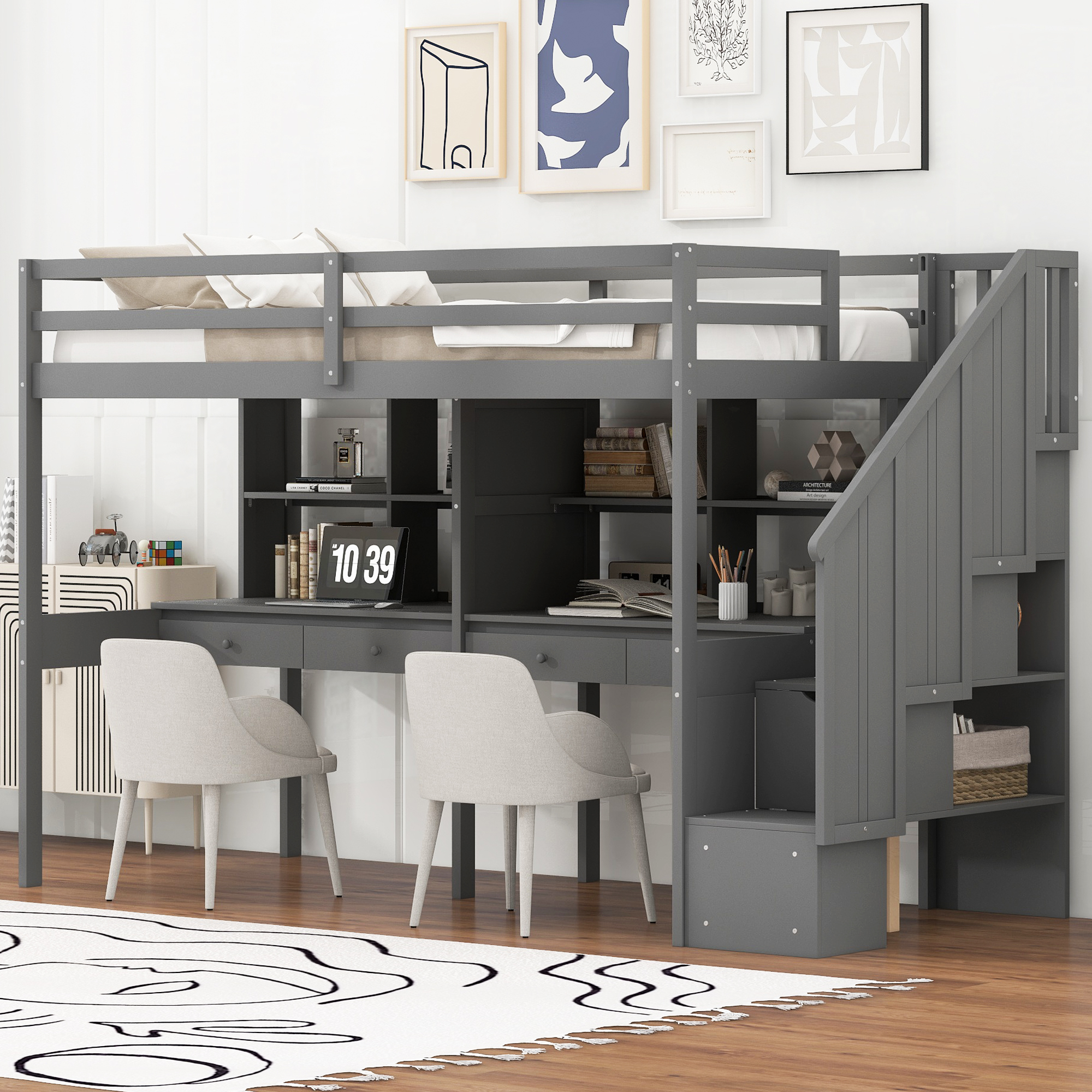 Twin Size Loft Bed Frame with Storage Staircase and Double Desks and Shelves