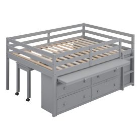 Full Size Loft Bed With Retractable Writing Desk, 4 Drawers And Shelves