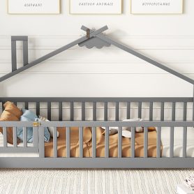 Twin House-Shaped Bedside Floor Bed with Guardrails, Slats, with Door