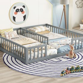 Double Twin Floor Bed With Fence, Guardrails, Without Door
