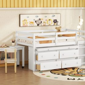 Twin Size Loft Bed with Retractable Writing Desk and 4 Drawers