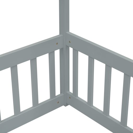 Double Twin House-style Floor Bed With Fence and Guardrails, Without Door