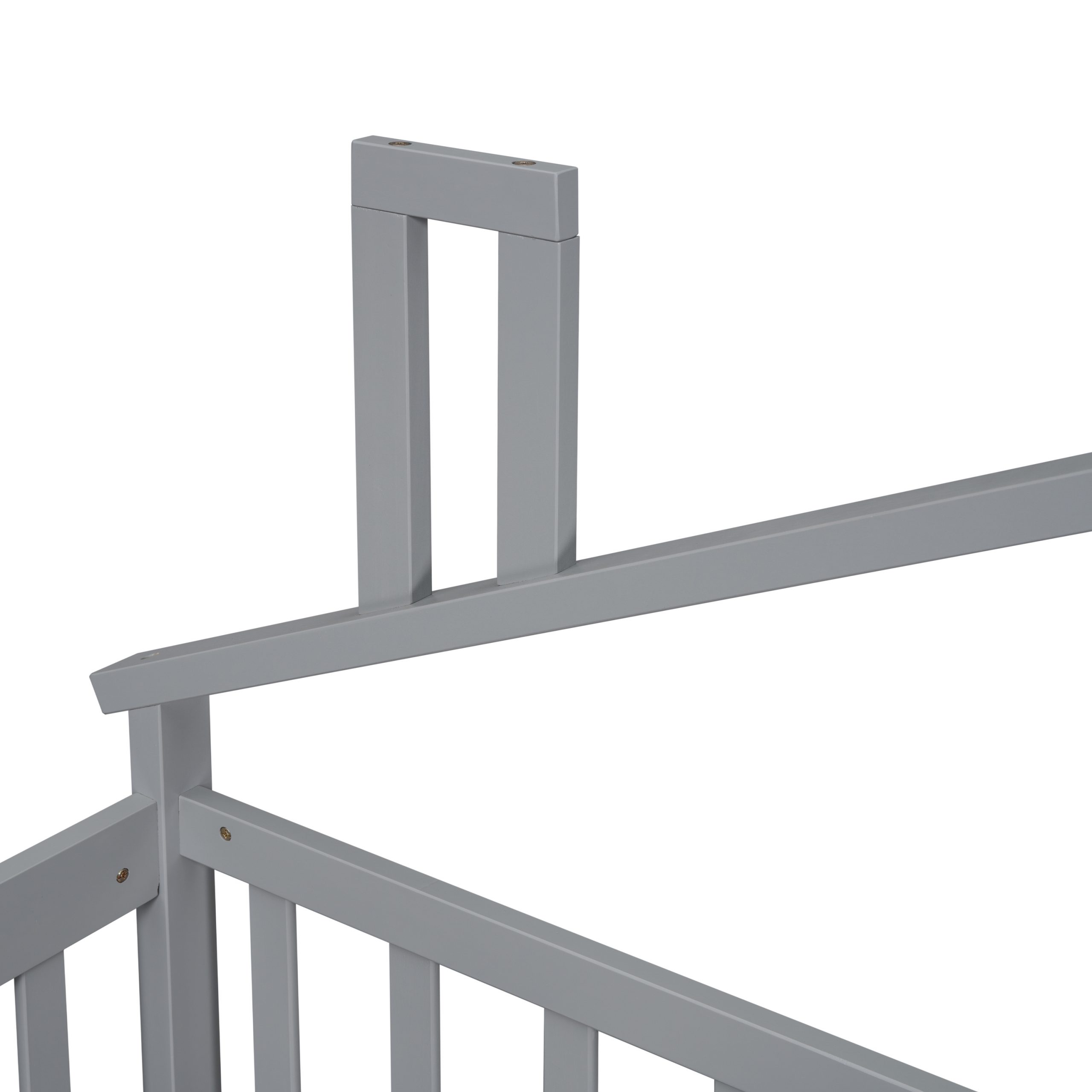 Twin House-shaped Bedside Floor Bed With Guardrails, Slats, With Door,grey