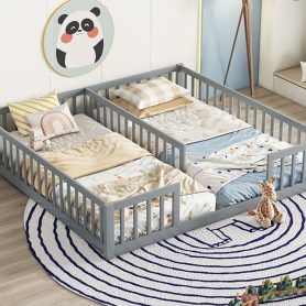 Double Twin Floor Bed With Fence, Guardrails, Without Door