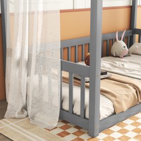 Twin Size Canopy Frame Floor Bed with Fence, Guardrails