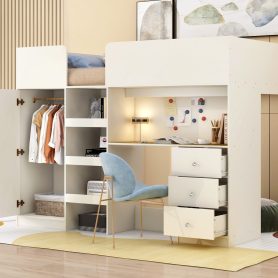 Full Size Loft Bed with Built-in Wardrobe, Desk, Storage Shelves and Drawers