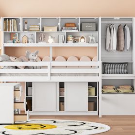 Full Size Wooden Loft Bed Big Storage With Under-Bed Desk, Drawers and Shelves 40 Full Size Wooden Loft Bed Big Storage With Under-Bed Desk, Drawers and Shelves