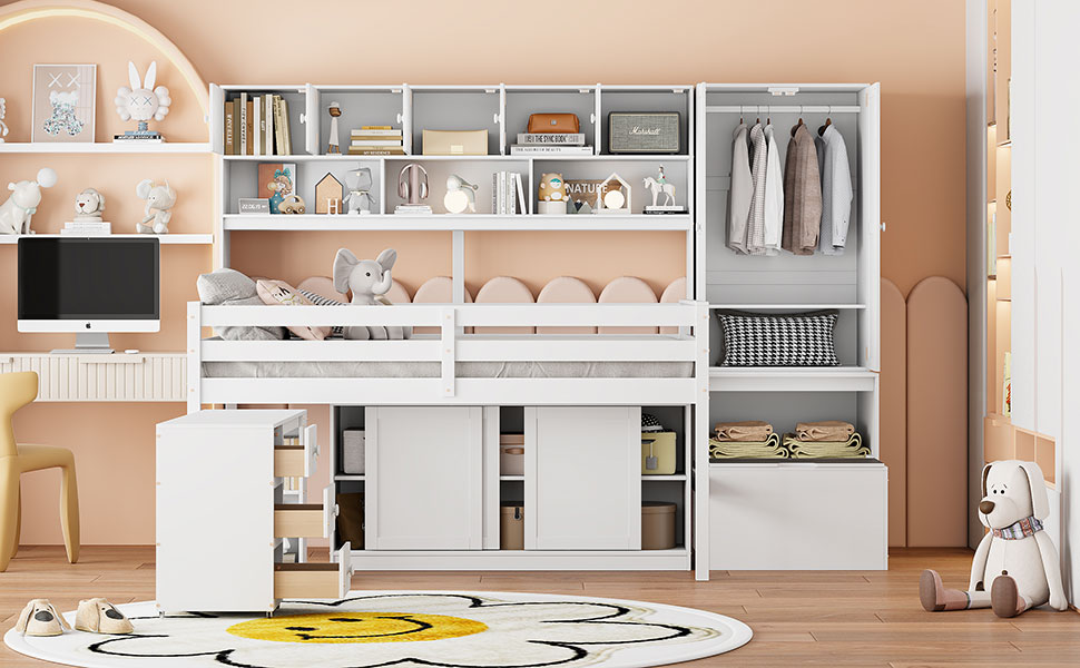 Full Size Wooden Loft Bed Big Storage With Under-Bed Desk, Drawers and Shelves 20 Full Size Wooden Loft Bed Big Storage With Under-Bed Desk, Drawers and Shelves