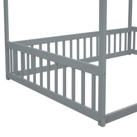Full Size Canopy Frame Floor Bed With Fence, Guardrails