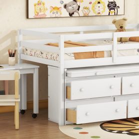Twin Size Loft Bed with Retractable Writing Desk and 4 Drawers