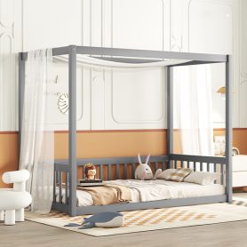 Twin Size Canopy Frame Floor Bed with Fence, Guardrails