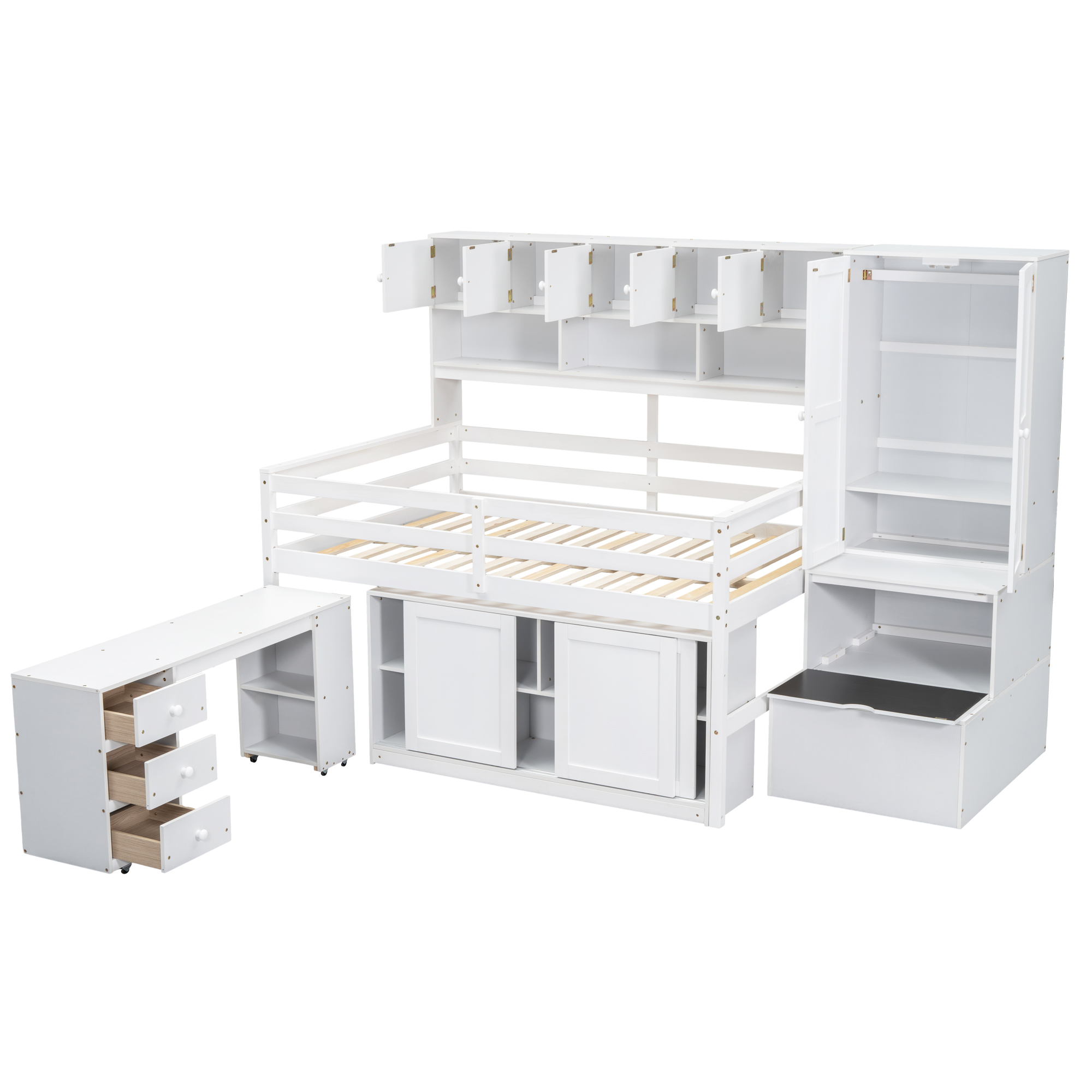 Full Size Wooden Loft Bed Big Storage With Under-Bed Desk, Drawers and Shelves 10 Full Size Wooden Loft Bed Big Storage With Under-Bed Desk, Drawers and Shelves