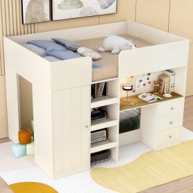 Full Size Loft Bed with Built-in Wardrobe, Desk, Storage Shelves and Drawers