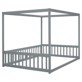 Full Size Canopy Frame Floor Bed With Fence, Guardrails