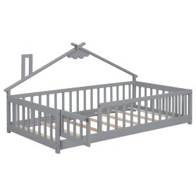 Twin House-Shaped Bedside Floor Bed with Guardrails, Slats, with Door