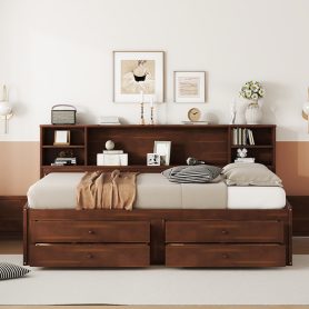 Full Size Wooden Captain Bed with Built-in Storage Shelves, 4 Drawers and 2 Cabinets