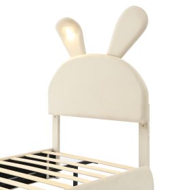 Twin Size Upholstered Platform Bed with Cartoon Ears Shaped Headboard and Light