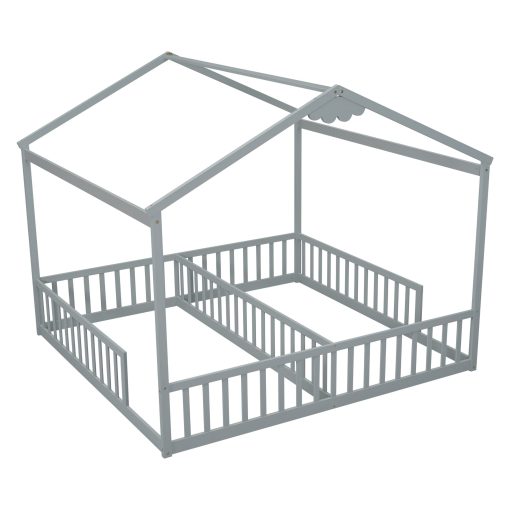 Double Twin House-style Floor Bed With Fence and Guardrails, Without Door