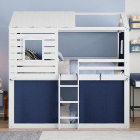 Twin Size Bunk Wood House Bed with Tent