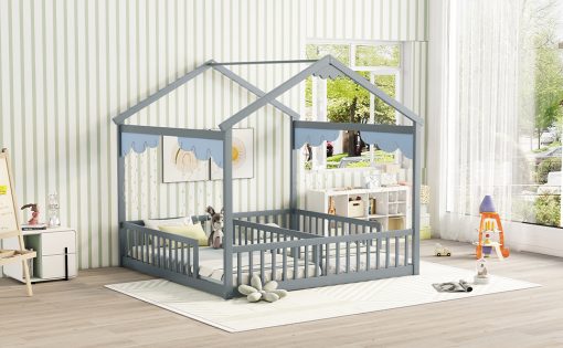 Double Twin House-style Floor Bed With Fence and Guardrails, Without Door