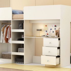 Full Size Loft Bed with Built-in Wardrobe, Desk, Storage Shelves and Drawers
