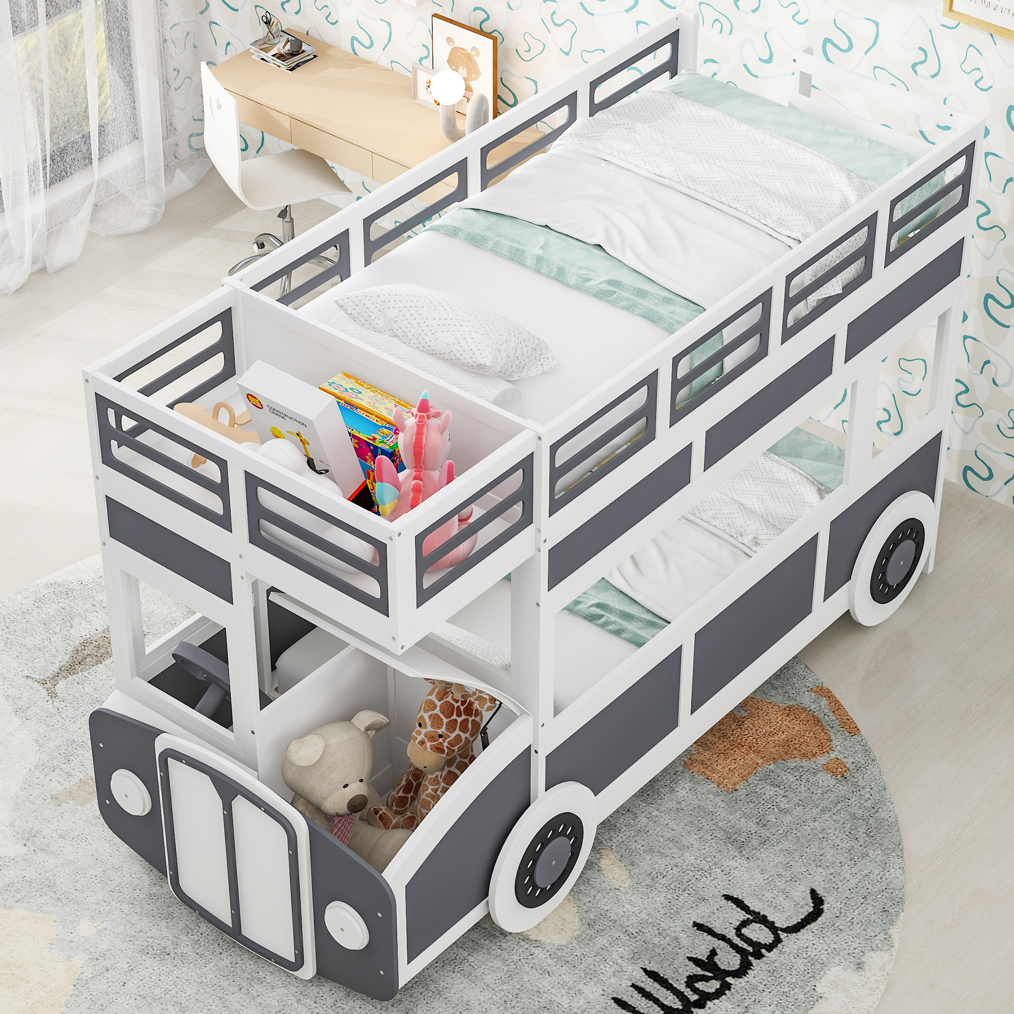 Twin Over Twin Bus-Shaped Bunk Bed With Wheels And Storage