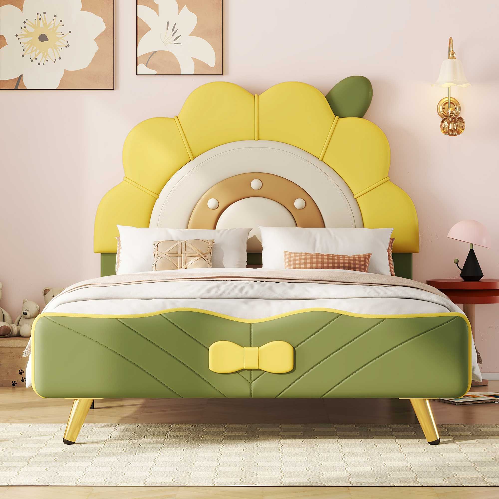 Twin Size Upholstered Platform Bed with Sunflower Shaped Headboard