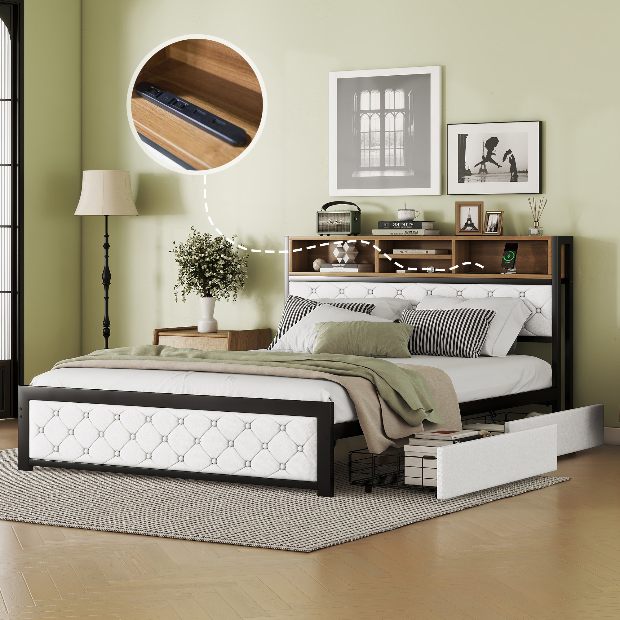 Metal Queen Size Platform Bed With 4 Drawers, Upholstered Headboard and Footboard, Sockets and USB Ports