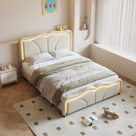Full Size Upholstered Platform Bed with Curve Shaped and Height-adjustbale Headboard,LED Light Strips