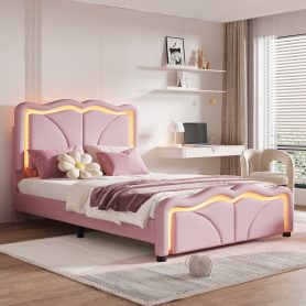 Twin Size Upholstered Platform Bed with Curve Shaped and Height-adjustbale Headboard,LED Light Strips