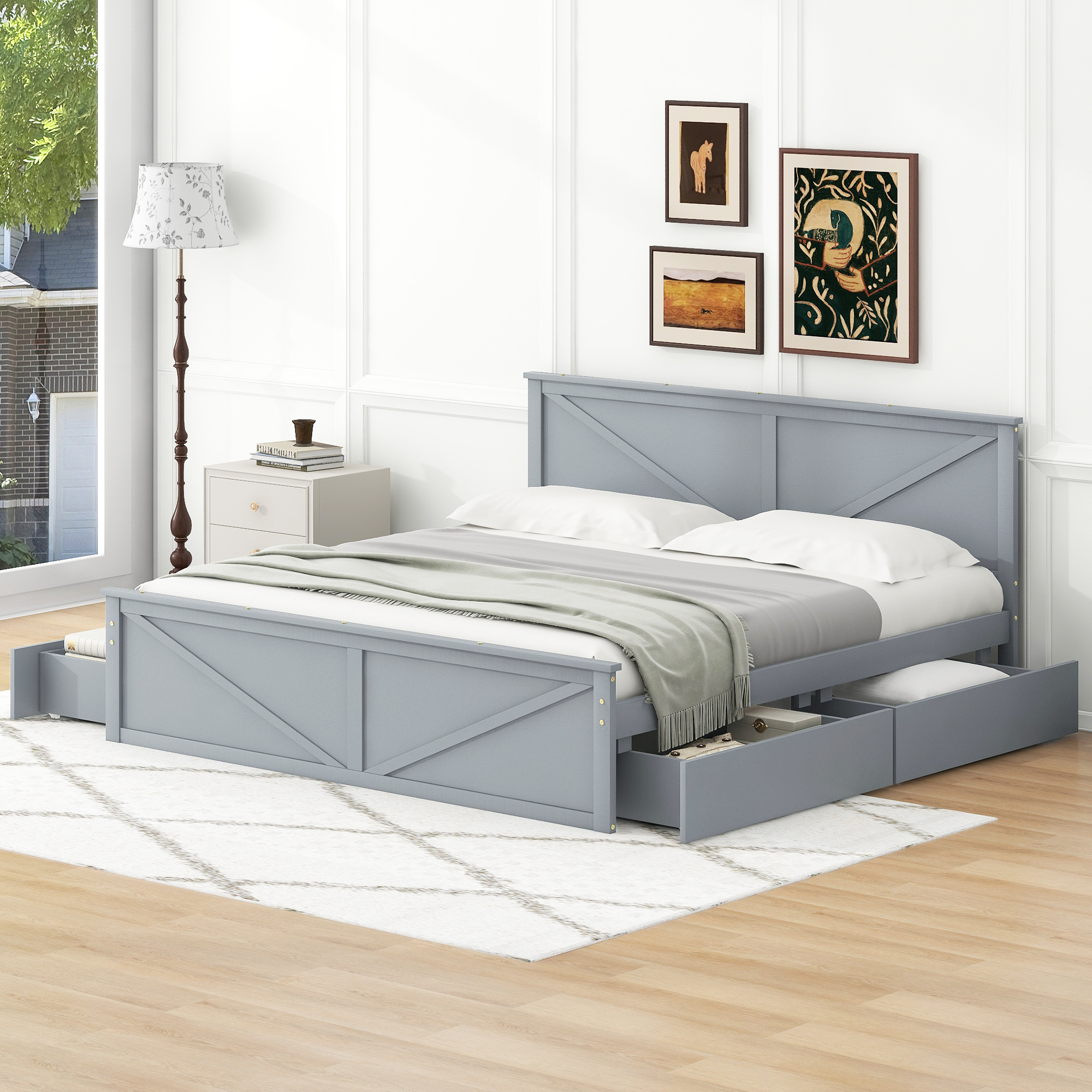 King Size Platform Bed with Four Storage Drawers and Support Legs