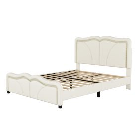 Full Size Upholstered Platform Bed with Curve Shaped and Height-adjustbale Headboard,LED Light Strips