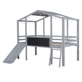 Twin Size Loft Bed With Ladder And Slide, House Bed With Blackboard And Light Strip On The Roof