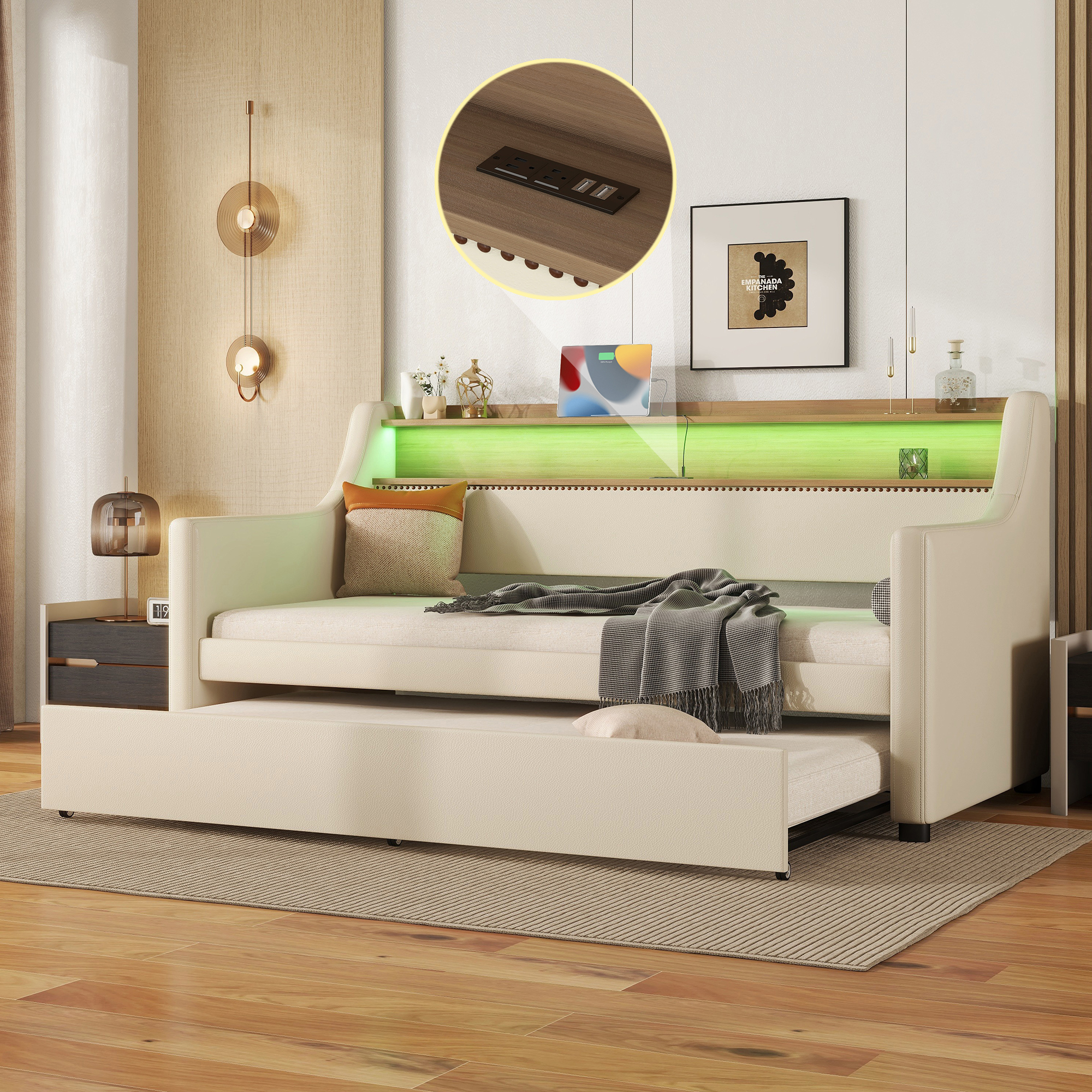 Twin Size Upholstered Daybed With Trundle, Charging Station And LED Lights
