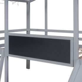 Twin Size Loft Bed With Ladder And Slide, House Bed With Blackboard And Light Strip On The Roof