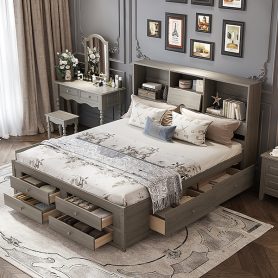 King Size Platform Bed With Storage Headboard And 8 Drawers