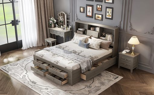 King Size Platform Bed With Storage Headboard And 8 Drawers