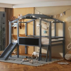 Twin Size Loft Bed With Ladder And Slide, House Bed With Blackboard And Light Strip On The Roof
