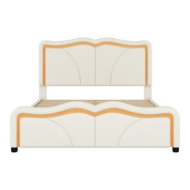 Full Size Upholstered Platform Bed with Curve Shaped and Height-adjustbale Headboard,LED Light Strips