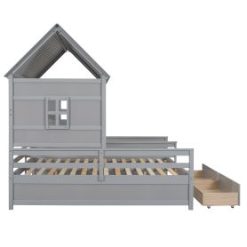 Twin Size House Platform Beds With Two Drawers For Boy And Girl Shared Beds, Combination Of 2 Side By Side Twin Size Beds