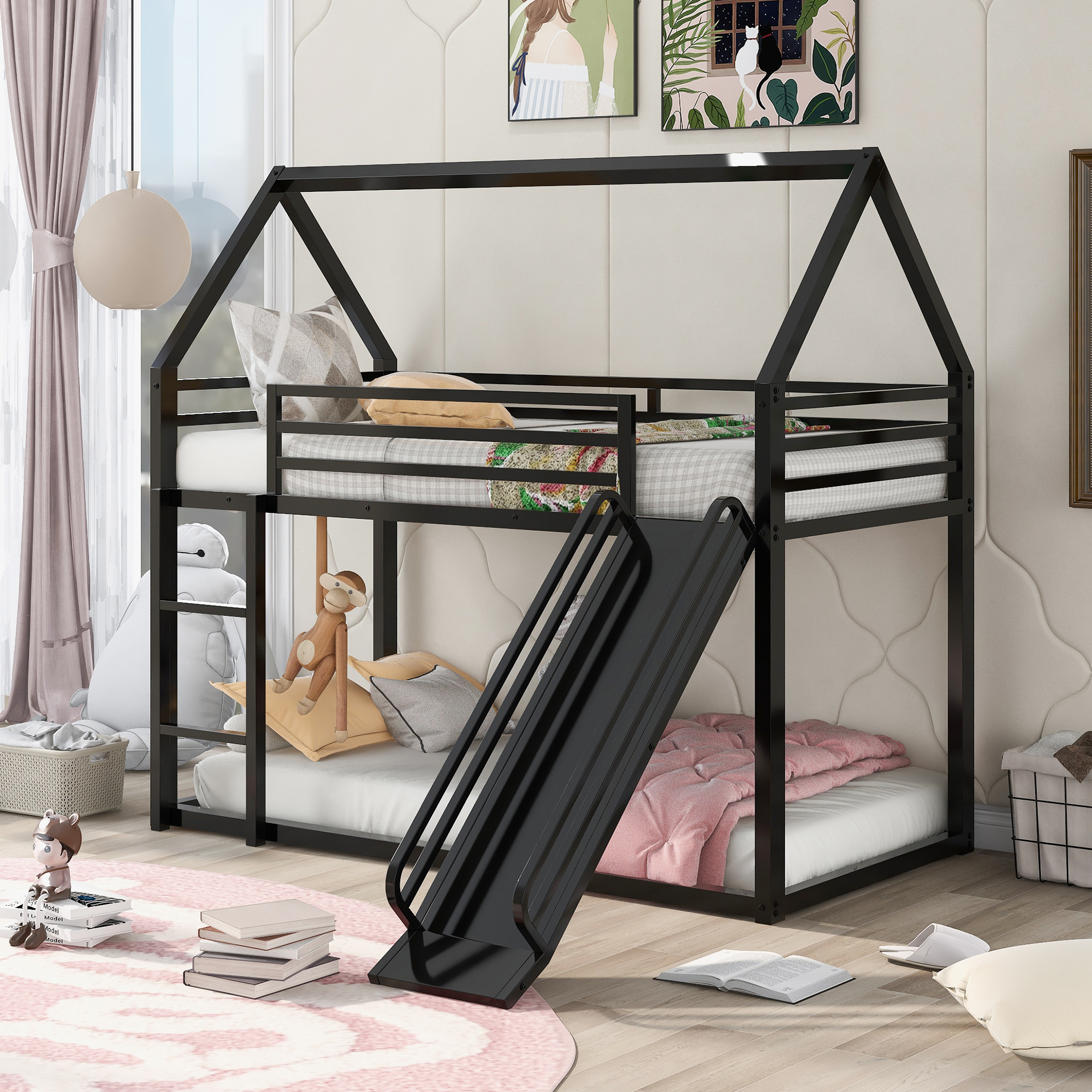 House Shape Twin Over Twin Bunk Bed With Ladder And Slide