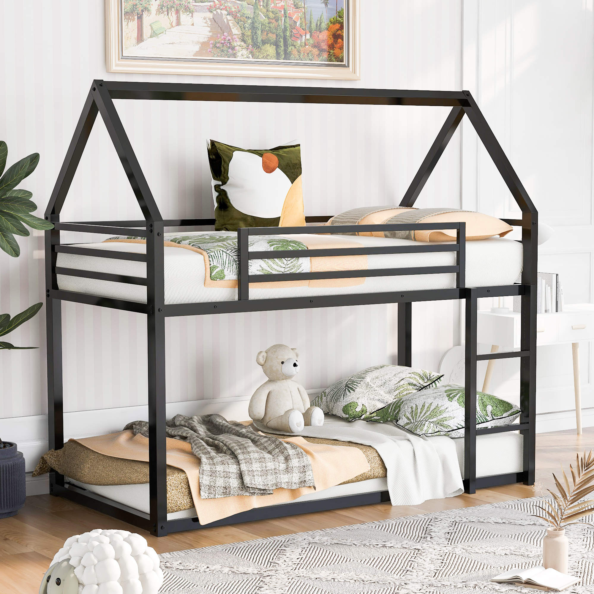 House Shape Twin Over Twin Bunk Bed With Built-in Ladder