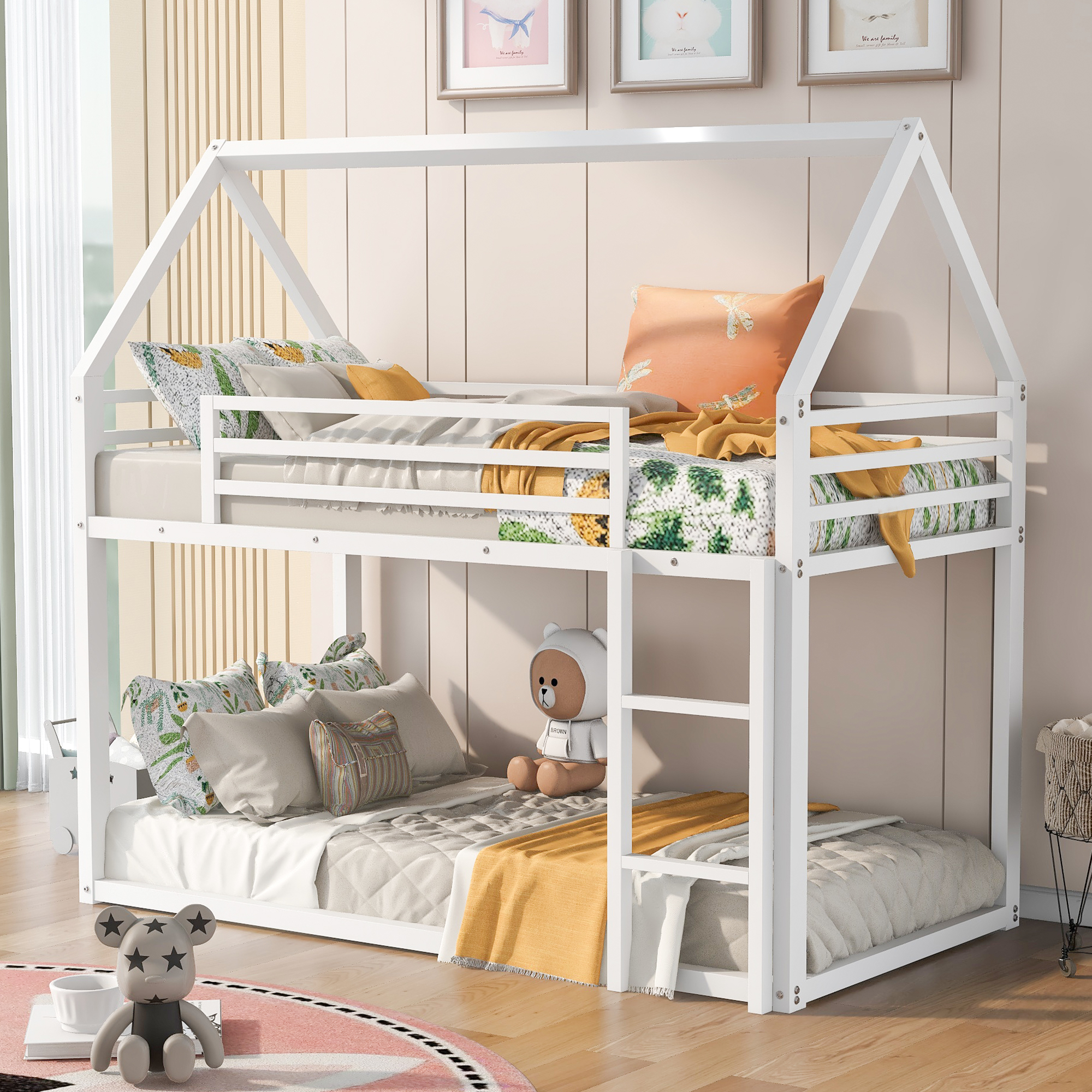 House Shape Twin Over Twin Bunk Bed With Built-in Ladder