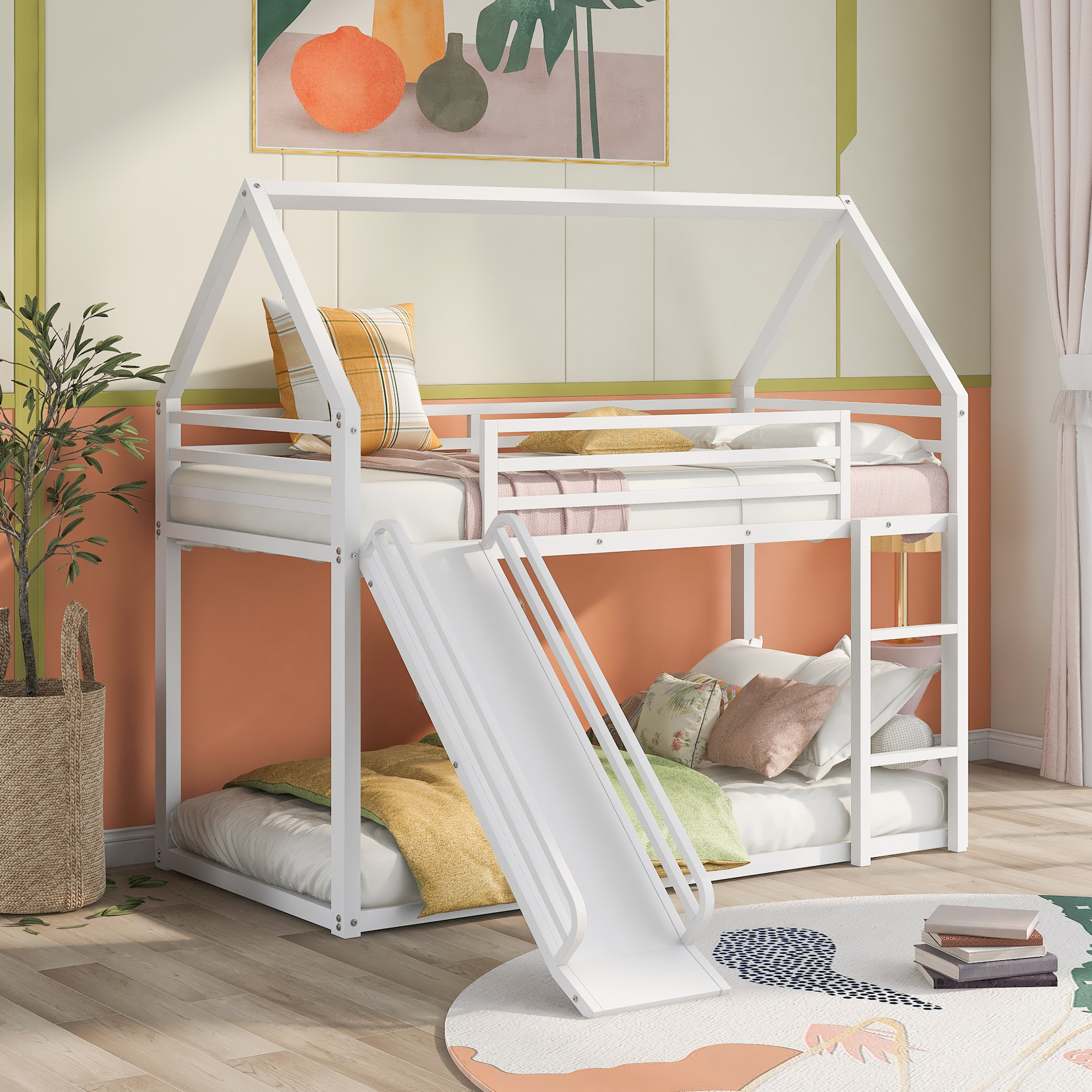 House Shape Twin Over Twin Bunk Bed With Ladder And Slide