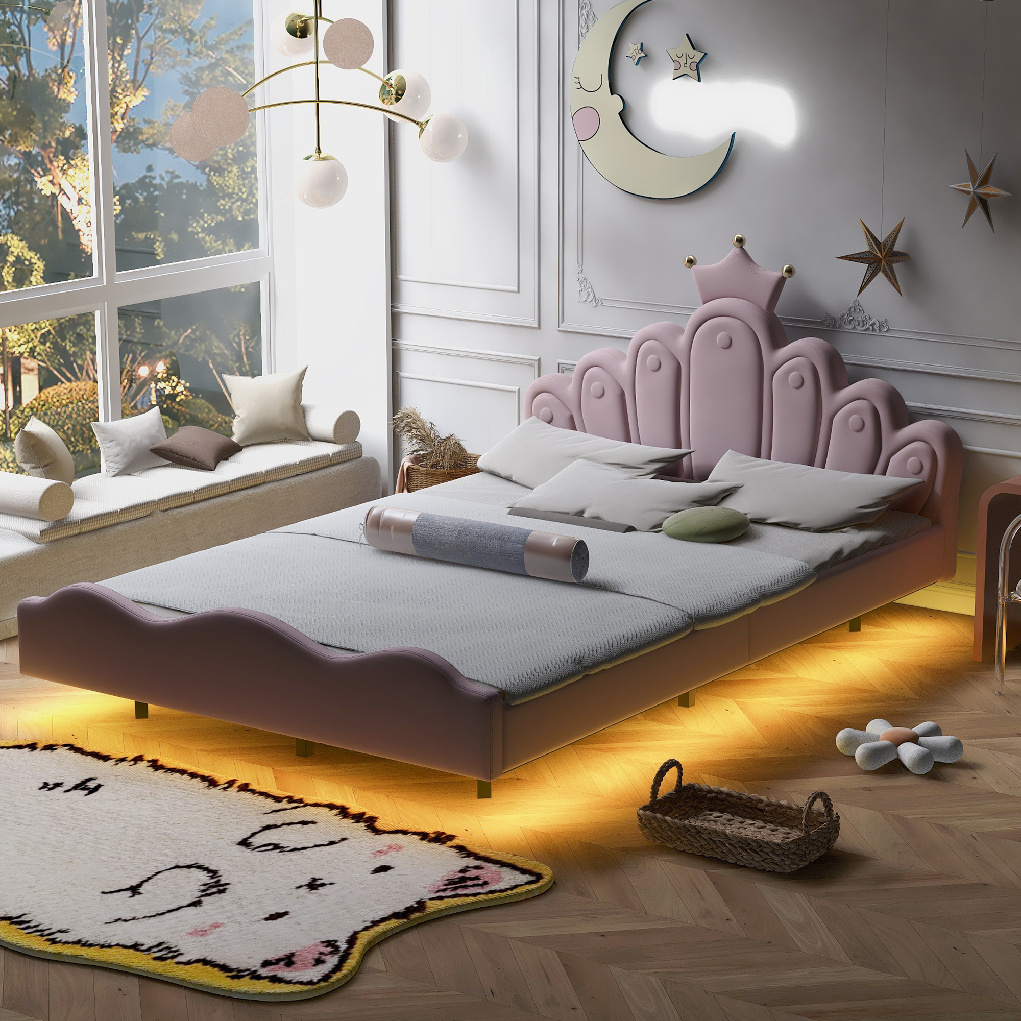 Full Size Crown-Shaped Princess Bed, Soft PU Leather Padding, Adjustable LED Ambient Light Strip